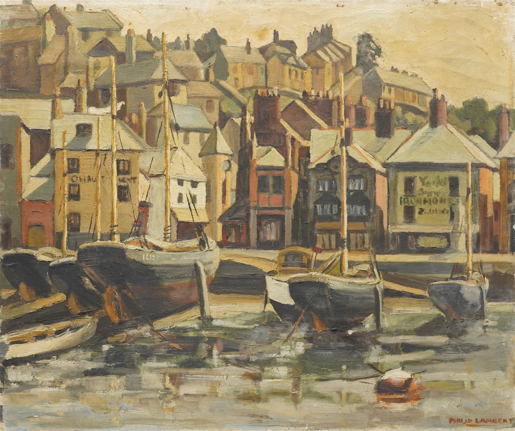 Philip Lambert (British 1918-2014): Moored Fishing Boats, oil on canvas signed 51cm x 61cm (unframed)