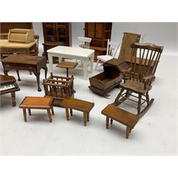 Doll's house wooden furniture - over twenty items including good quality pine Welsh dresser by Tony of Lincoln; tall 'glazed' bookcase; two-tier side cabinet; grand piano; bedside chest, mule chest, Canterbury; cradle; Georgian style hanging corner cupboard; dumb waiter; tables; chairs; rocking chair etc; various scales