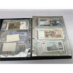 World and Great British banknotes to include Brazil, Canada, France, Germany, Ghana, Indonesia, Iraq, Hong Kong, Hungary, Japan, Vietnam, Zimbabwe, a collection of Chinese ‘Hell Money’, and quantity of ‘De La Rue Systems’ test notes, housed in ring binder and loose