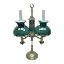 Miller & Sons Piccadilly polished brass double adjustable student's oil lamp, with green glass shades, H52cm