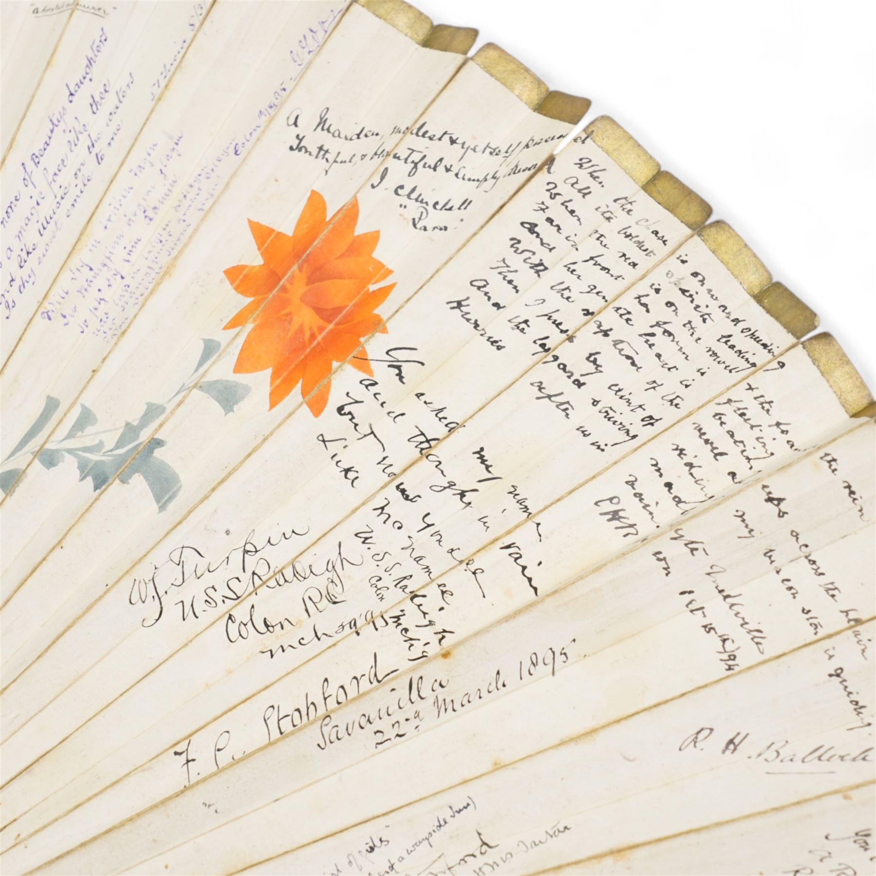 Late 19th century Japanese hand painted paper and stained bamboo folding fan, decorated to both sides with birds and flowers, with handwritten dedications and verse by various Royal and US Navy personnel between 1894-1896 at various locations, including St Lucia, Mexico and Colon, signatures including Captain of HMS Tartar Commander Frederick G. Stopford,  W.F. Turpin of USS Raleigh, and Jack M. Dawson '150' paratrooper, in original box, L68cm