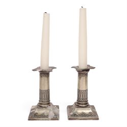 Arts & Crafts silver plated pedestal bowl with hammered decoration by JBC & S Co, together with pair of candlesticks, twin handled dish and other silver plate 
