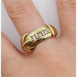 9ct gold gypsy set three stone cubic zirconia buckle ring, hallmarked 