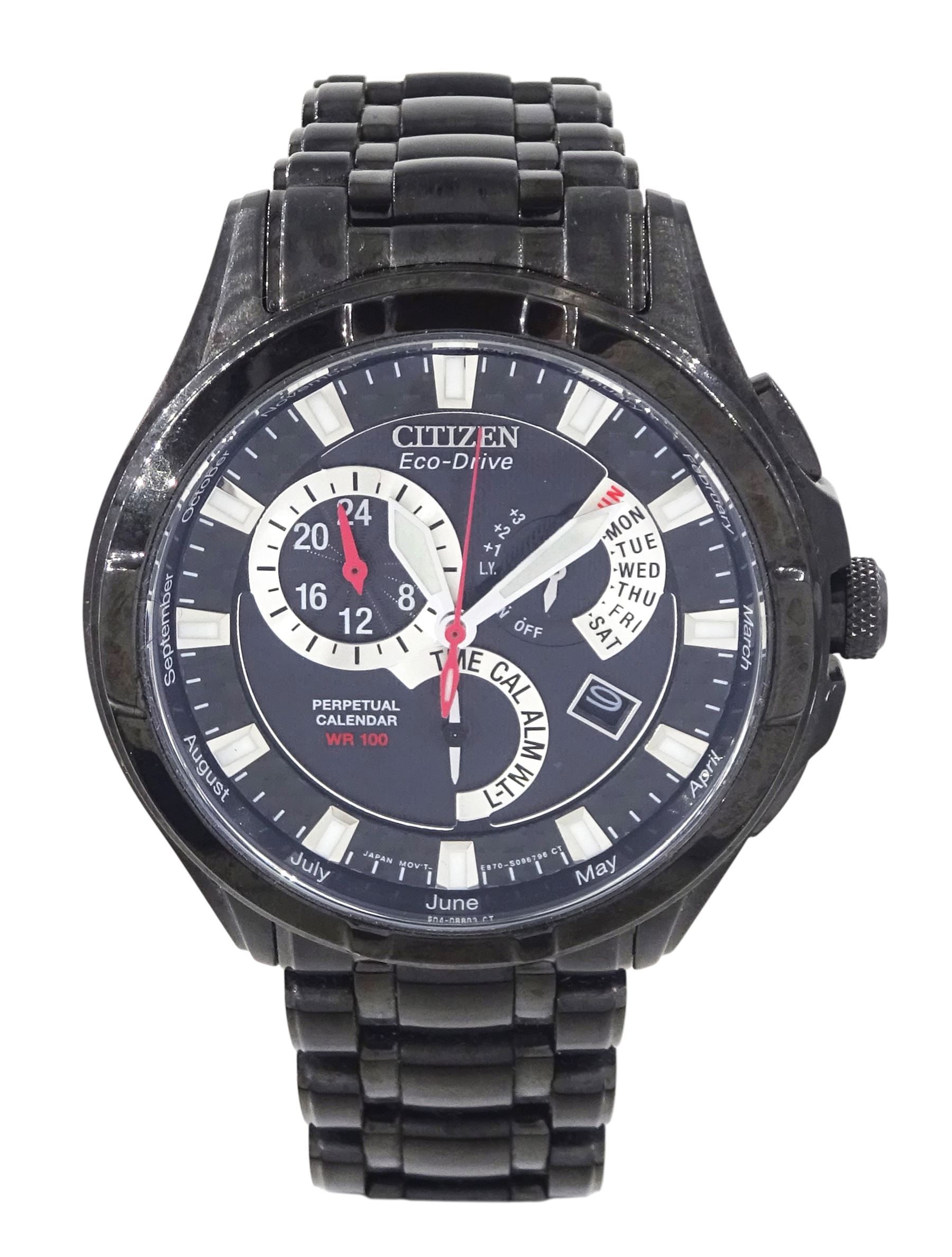 Citizen Eco-Drive Perpetual Calendar gentleman's black stainless steel quartz wristwatch, Ref. WR 100, on original strap with fold-over clasp