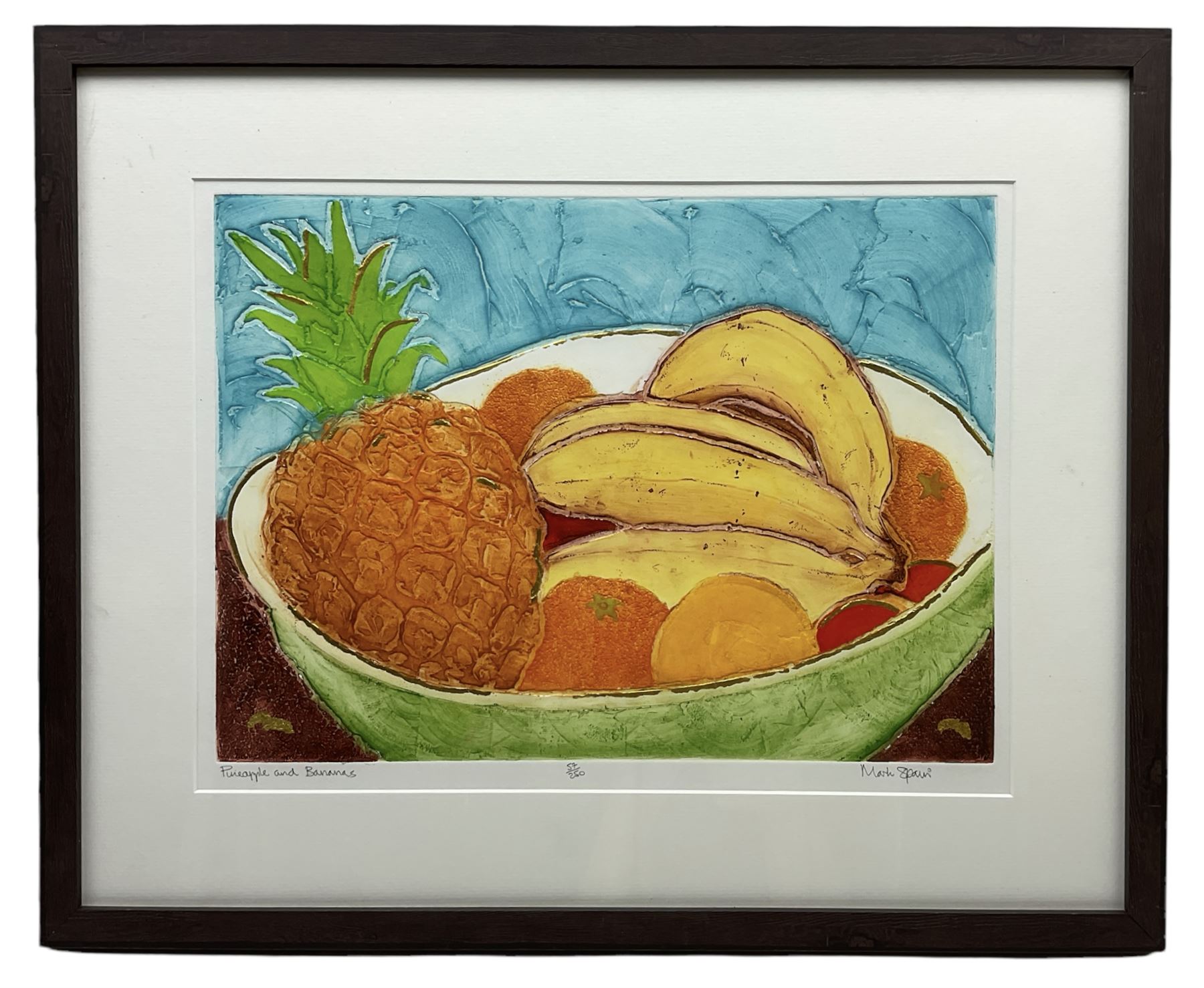 Mark Spain (British Contemporary): Pineapple and Bananas, limited edition mixed media screen print signed titled and numbered 57/250 in pencil 32cm x 45cm