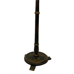 Late 20th century chinoiserie standard lamp, the circular base decorated with raised gilt figural scenes, H153cm (measurement excluding shade and fitting)