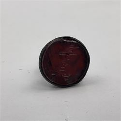 Small 19th century brass intaglio seal set with a red glass matrix engraved ‘Joseph’, H2cm