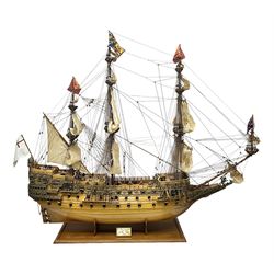 Large kit built scale model of 17th century Royal Navy warship 'HMS Sovereign of the Seas', upon wooden stand with engraved name plaque, H91cm, W111cm