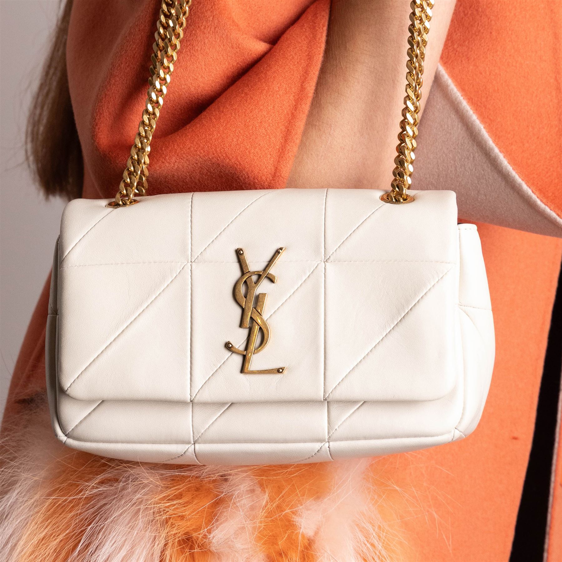 Saint Laurent - ‘Jamie 4.3’ Mini Shoulder Bag, in pale cream quilted lambskin leather, with oversized YSL Cassandre logo, gold-tone hardware and chain and leather shoulder strap, unused with original box and dust bag