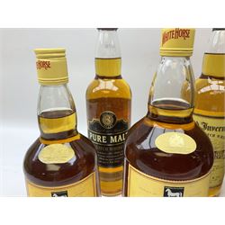 Mixed alcohol comprising Old Inverness Aged Scotch whisky, J.G.Thomson & Co, two bottles of White Horse Fine Old Scotch whisky, Three Barrels VSOP French Brandy in box etc, five bottles, various contents and proofs