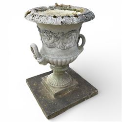 Pair of large stone Campana urns on square bases