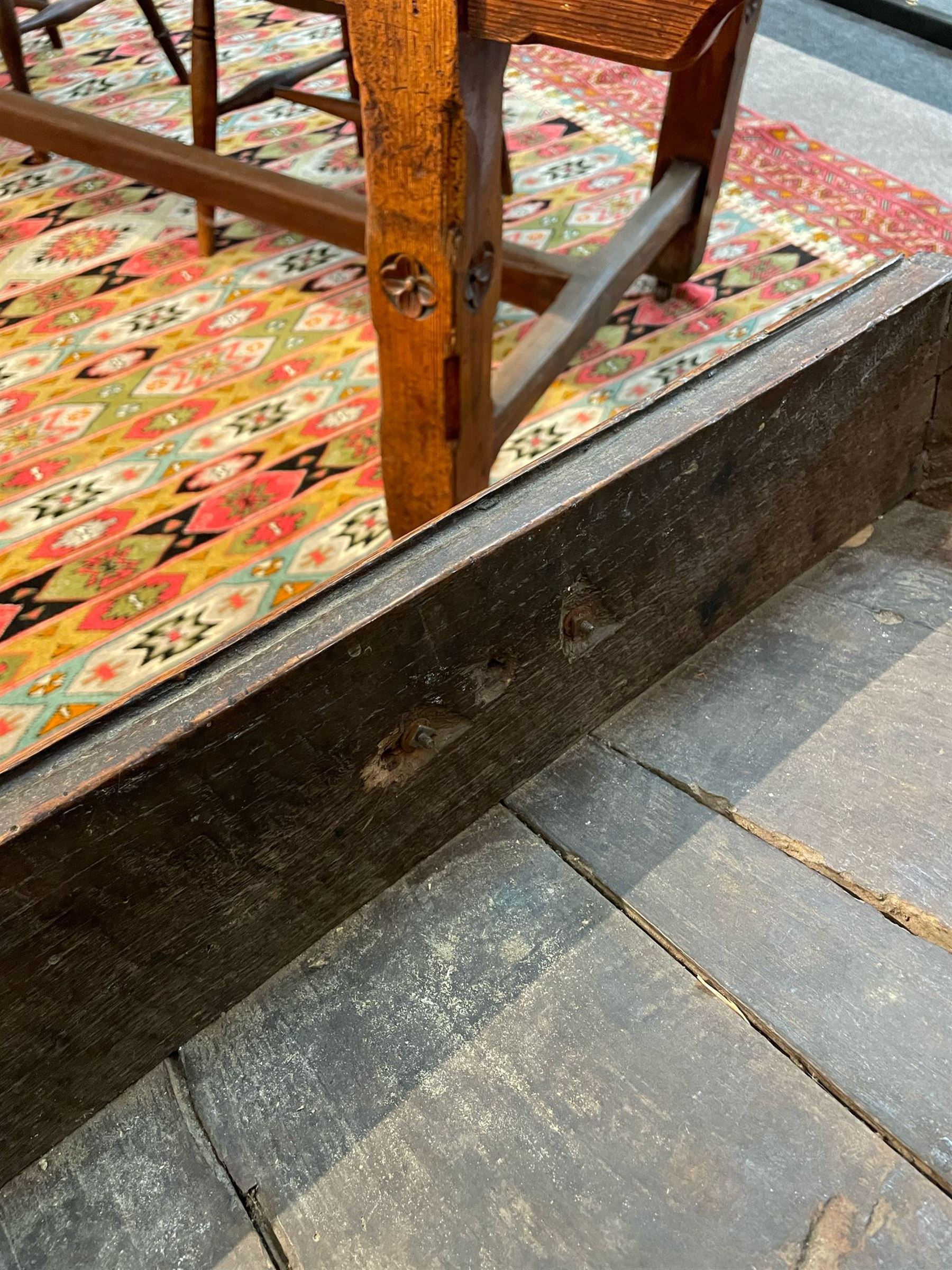 18th century oak dresser base, moulded rectangular top over two drawers and shaped apron, moulded drawer fronts fitted with shaped brass handle plates and swan neck handles, on chamfered square supports united by pot board base 