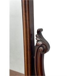 Victorian figured mahogany two-piece bedroom set - the washstand with white and black marble moulded top with arched back and raised shelf, two moulded frieze drawers, on turned and fluted supports with brass and ceramic castors (W123cm, D60cm, H102cm); the dressing table with raised swing mirror in moulded frame with shell and scroll carved pediment, on scrolled horns carved with foliage, four raised trinket drawers over moulded rectangular top, fitted with two drawers, on turned and fluted supports with brass and ceramic castors (W122cm, H177cm, D62cm)