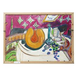 William Selby (Northern British 1933-): Still Life of Flowers and Abstract Tabletop, two oils on board painted recto and verso, the latter signed 41cm x 58cm