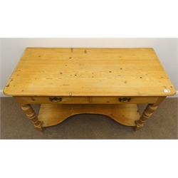  Victorian pine side table two drawers, turned supports joined by single undertier, W115cm, H75cm, D53cm  