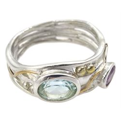 Silver and 14ct gold wire blue topaz and amethyst ring, stamped 925