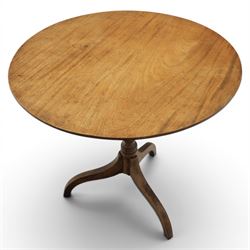 Two 19th century mahogany tripod tables, faded circular tilt-top, turned column  
