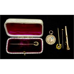 Scarborough Amatuer swimming club gold medal, Birmingham 1922, Victorian and later stick pins and gilt propelling pencil