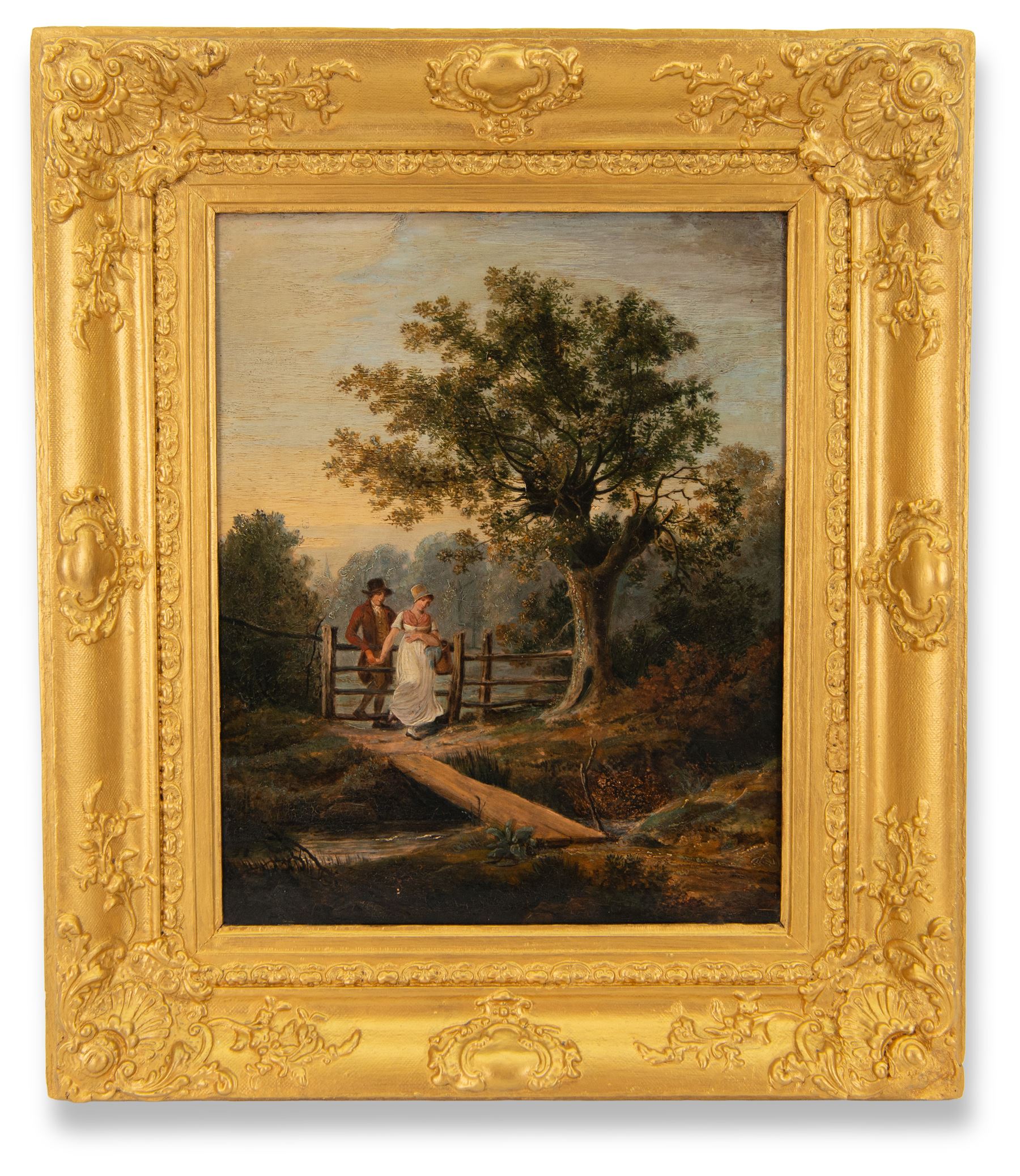 John James Chalon (British 1778-1854): Wooded Landscape with Lovers at a Gate, oil on panel 47.5cm x 37.5cm
Provenance: Sale, Christie's, British and Continental pictures, March 14th 1980, Lot 146
