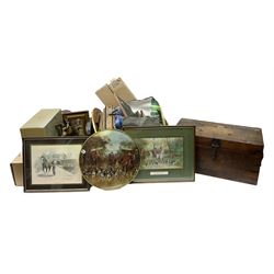 Rectangular barometer with mirror, silver plated wine coasters, Reflections by Leonardo boxed figure group of hares, stained box, quantity of framed prints etc