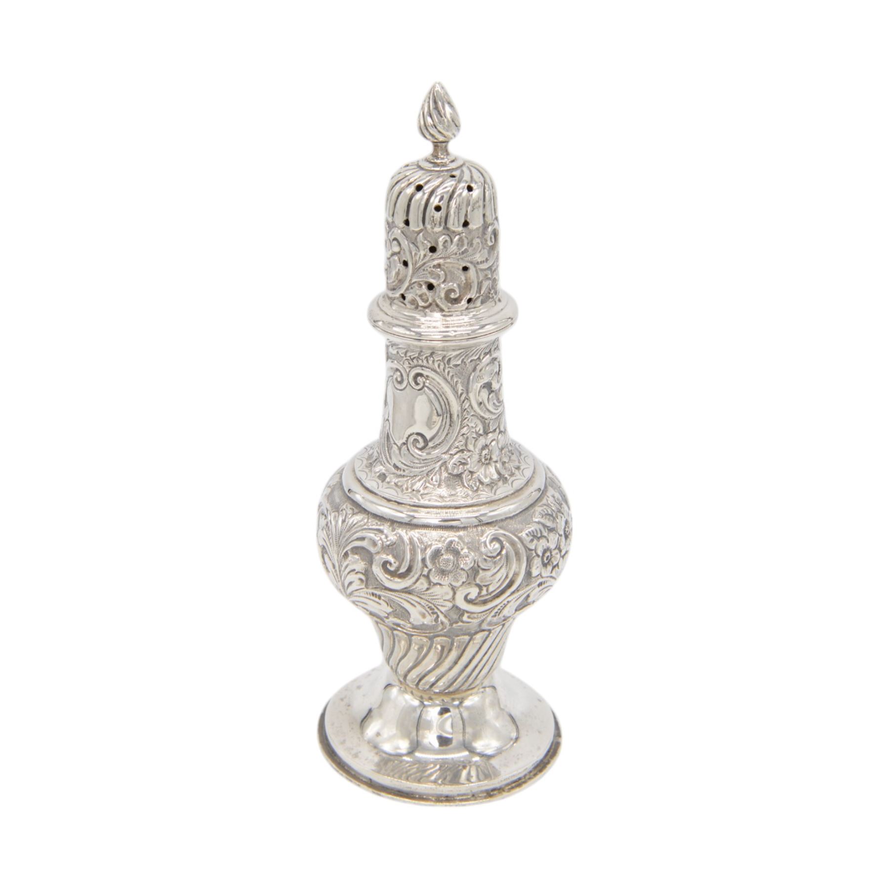 Edwardian silver sugar caster, of typical waisted form profusely embossed with floral and foliate decoration, the removable pierced cover with fluted finial, upon a circular stepped foot, hallmarked William Aitken, Birmingham 1901, H23cm