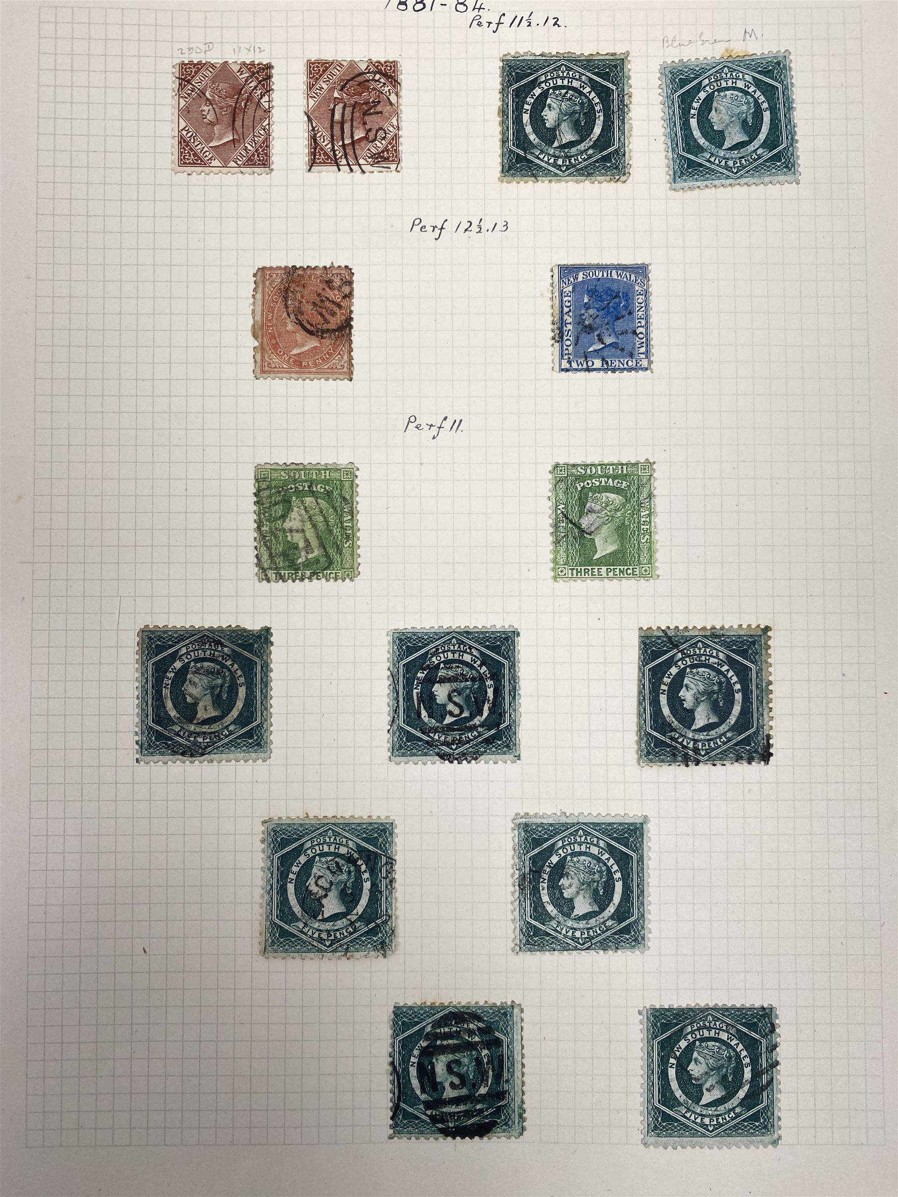 Australia New South Wales stamps, including 1850-4 various imperf issues, 1854-6 including five pence, six pence, one shilling etc, 1856-60 registered letter stamps, 1861-88 five shillings etc, housed on pages