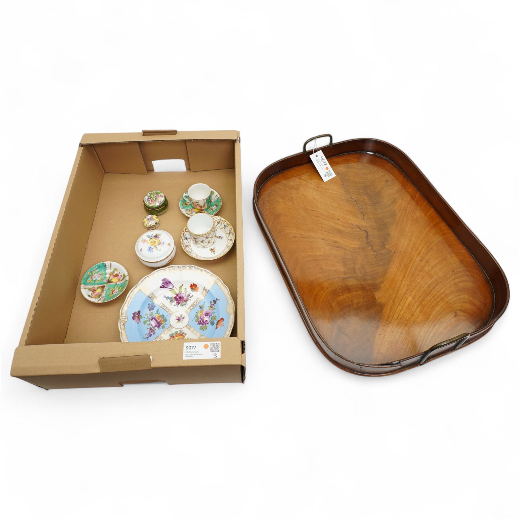 Walnut two handled tray, together with various continental porcelain items including Meissen plate and covered pot, Dresden depose cup and saucer, etc