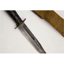 United States Marine Corps USMC KA-BAR Fighting Knife, blade marked CAMILLUS N.Y and USMC, with canvas scabbard, L30cm  