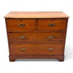 19th century pine chest of drawers, rectangular moulded top over two short and two long drawers fitted with brass handles, raised on bracket feet