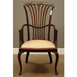  Edwardian walnut open armchair, shaped fret work back and splats, on cabriole supports, W60cm  