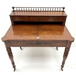 19th century inlaid grained oak writing desk, raised correspondence compartment with gallery back, three short and one long drawer, turned supports on castors 
