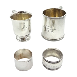 Silver christening mug by Adie Brothers Ltd, Birmingham 1931, smaller cup by Barker Brothers Silver Ltd and two silver napkin rings, hallmarked, approx 11oz