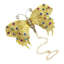 18ct gold butterfly, the body and antennas set with diamonds, the wings set with emeralds, rubies and sapphires, stamped 750