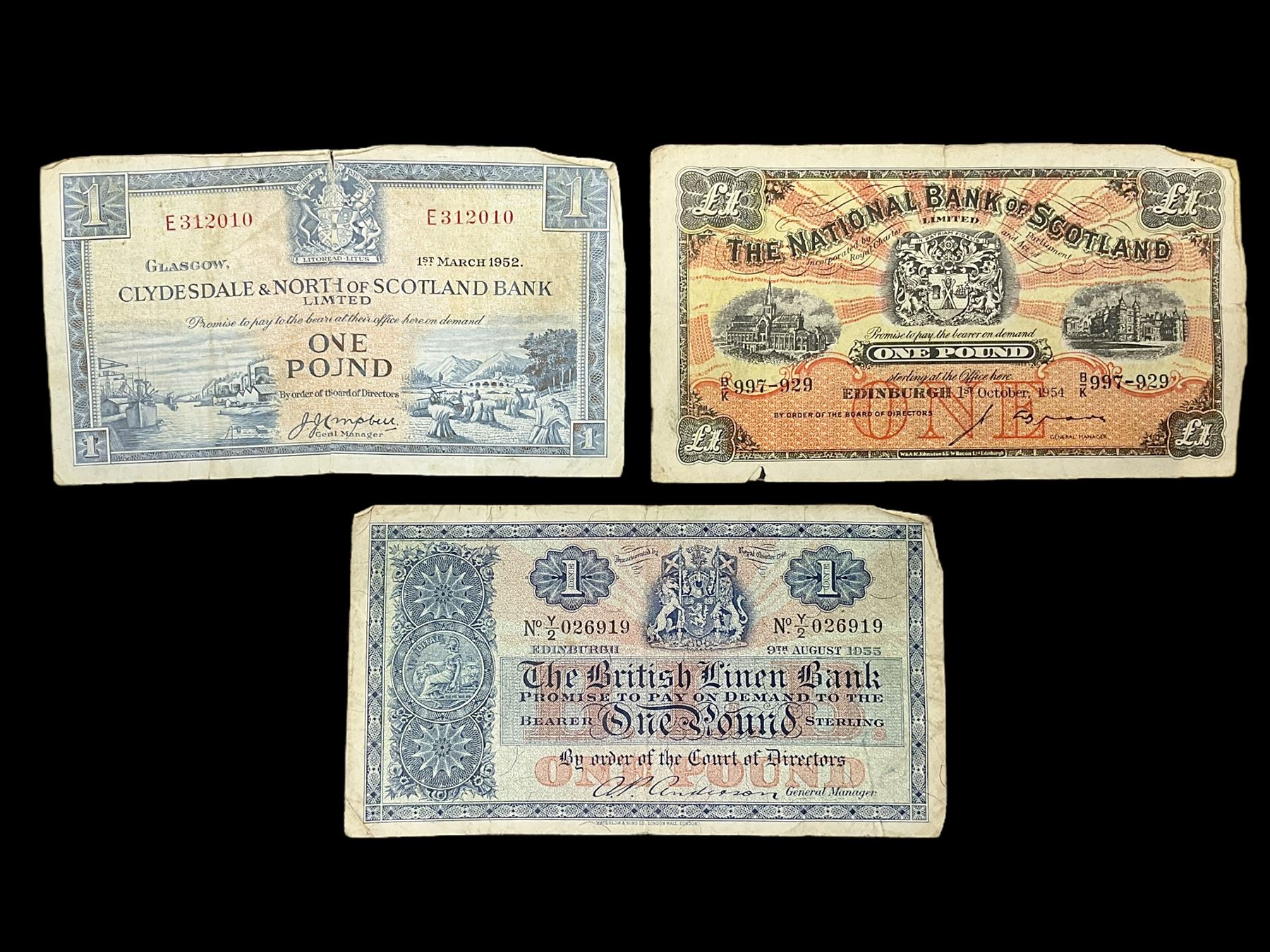 Glasgow, Clydesdale and North of Scotland Bank Limited one pound banknote 1st March 1952 ‘E312010’, The National Bank of Scotland Limited one pound 1st October 1954 ‘B/K 997-929’ and Edinburgh The British Linen Bank one pound 9th August 1955 ‘Y/2 026919’