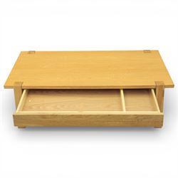 Contemporary light oak coffee table, rectangular with single draw beneath