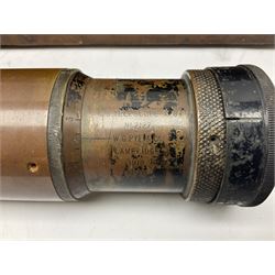 Early 20th century brass and black japanned gunsighting telescope inscribed 'G.S. Telescope X8 No.2127 W.G. Pye & Co Cambridge 1918 No.18' with X graticule to lens L53cm; in wooden box marked 'Gunsighting Telescope'