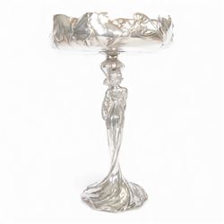 WMF figural centre piece the pedestal in the form of a woman, holding flower bud, the bowl decorate with vine leaves and berries, mark stamped to base, H38cm