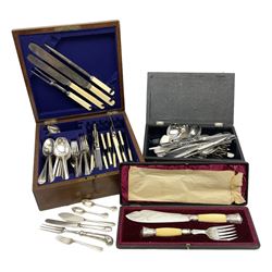 Walker & Hall silver-plate part canteen of cutlery, together with hallmarked silver cutlery comprising pair of Robert Pringle & Sons teaspoons, fork and butter knife, and silver handled knife and fork, cased set of Walker & Hall fish servers with simulated bone handles, and quantity of silver-plate and other cutlery