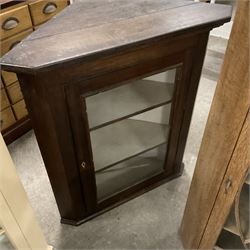 20th century light oak corner cabinet, enclosed by astragal glazed door (W64cm, H105cm); painted pine corner cabinet (W77cm, H102cm); and early 20th century oak corner cabinet (W76cm, H84cm) - THIS LOT IS TO BE COLLECTED BY APPOINTMENT FROM THE OLD BUFFER DEPOT, MELBOURNE PLACE, SOWERBY, THIRSK, YO7 1QY