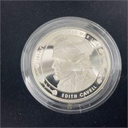 Three The Royal Mint United Kingdom silver proof five pound coins, comprising 2012 'London 2012 Paralympic', 2015 '100th Anniversary of the Death of Edith Cavell' and 2017 'Remembrance Day' piedfort, all cased with certificates 