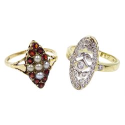 Gold cubic zirconia marquise shape dress ring and a gold garnet and split seed pearl ring, both hallmarked 9ct