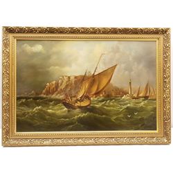 English School (20th century): Strong Winds off Whitby, oil on canvas indistinctly signed 47cm x 73cm; English School (19th century): Robin Hood's Bay, oil on canvas indistinctly signed 30cm x 51cm (unframed)