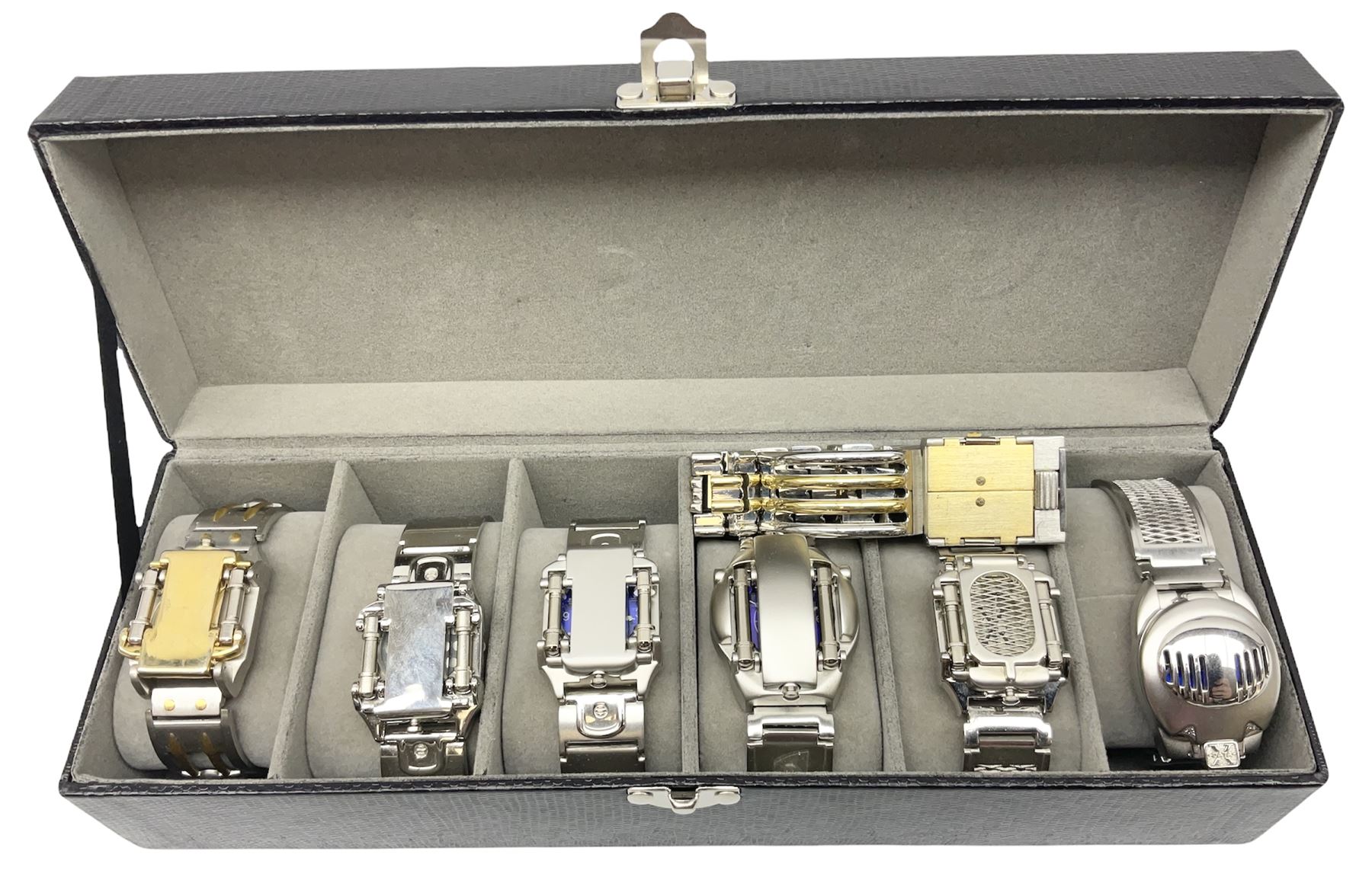 Four X Data stainless steel wristwatches, two Marc Gay wristwatches and one other, all with cover plates