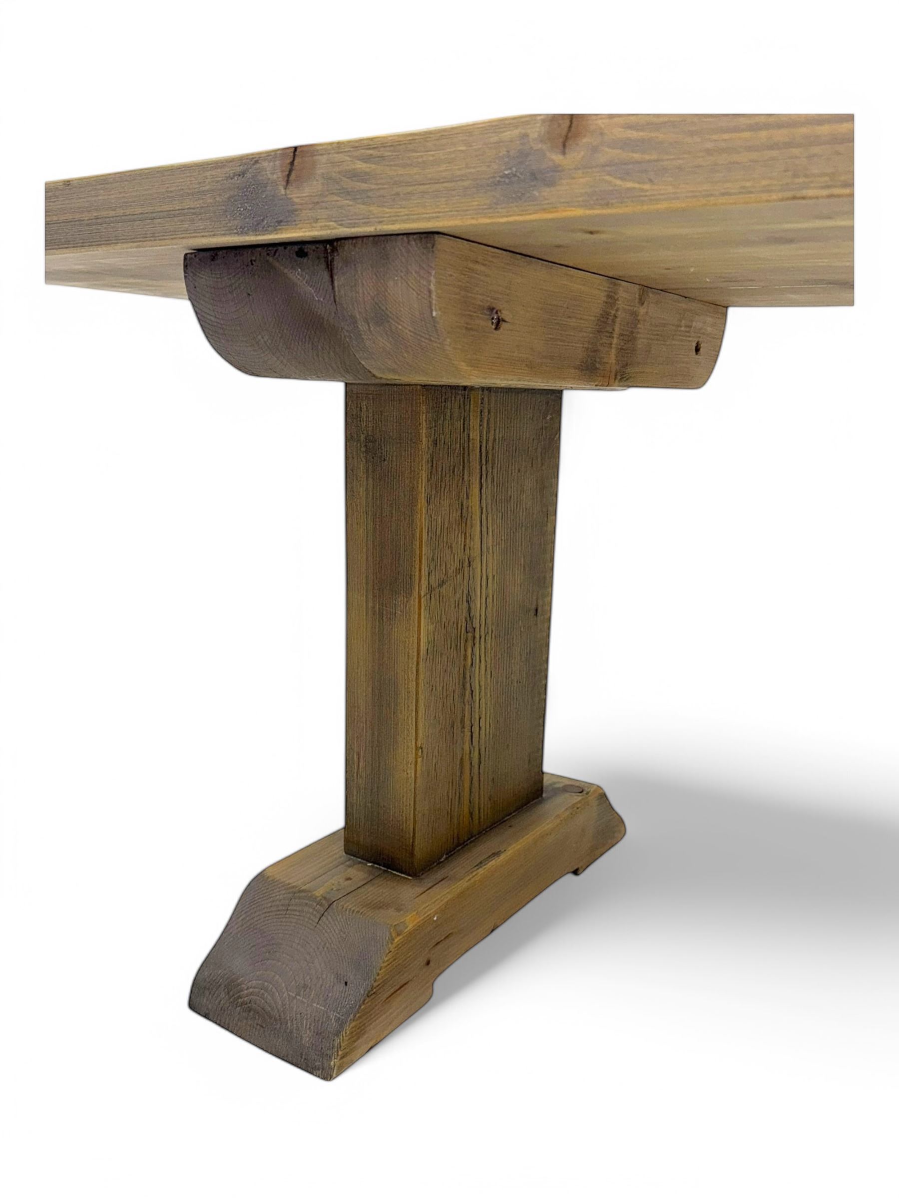Barker & Stonehouse - contemporary 'Newsham' reclaimed oak dining bench, rectangular plank seat over twin pedestal supports with shaped bases, finished in weathered grey wax