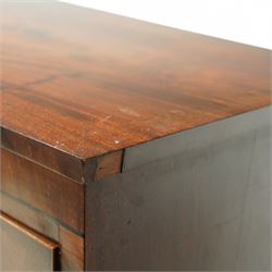 19th century mahogany chest of drawers, bow fronted form with two short over three long drawers, each veneered in matched flame mahogany, on turned feet