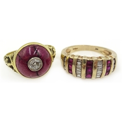  18ct gold amethyst and diamond shield ring and a 9ct gold ruby and diamond baguette ring, both hallmarked  