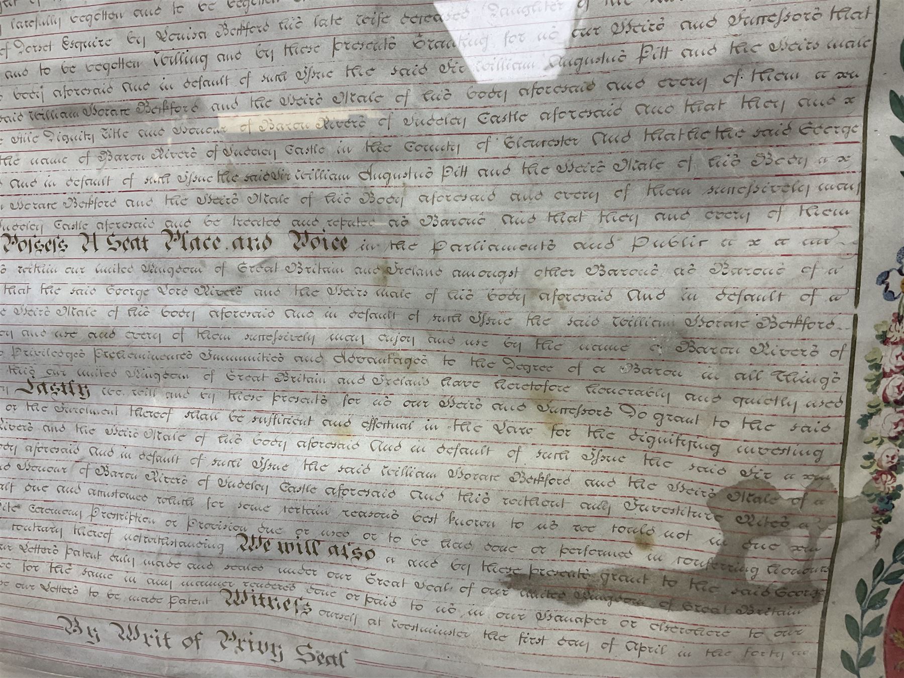 Large 18th century framed and glazed Indenture for King George III to George Rivers, Lord Rivers of Straths Saye, including frame H92.5cm L107.5cm