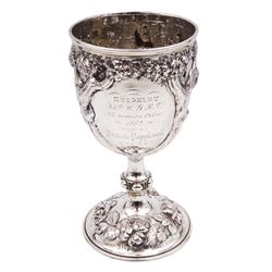 Victorian silver presentation goblet, chased and repousse decorated with military shooting scene, upon a beaded knopped stem and spreading circular foot with floral repousse decoration, the body with engraving 'Keighley 35th W.Y.R.V. All Comers Prize 1862 Won By Private Popplewell 37th W.Y.R.V.', hallmarked Robert Hennell III, London 1861