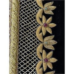 20th century large Zardozi wall hanging, hand embroidered in gold thread on black velvet ground with semi-precious stones and central medallion  149x93cm