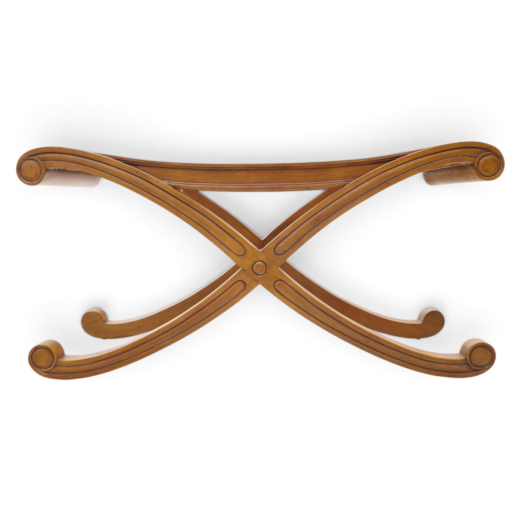 And So To Bed - cherrywood 'Louis XV' caned bench, caned top above an X-frame united by turned stretcher
